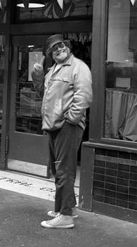 Tiny Freeman in front of the Central Tavern, pioneer Square